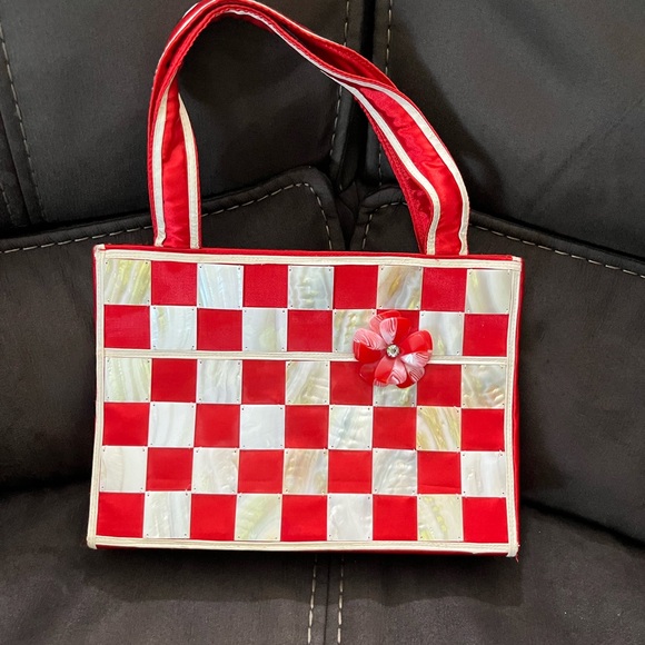 sxs fashion Handbags - Red and White Checkered Tote Bag
